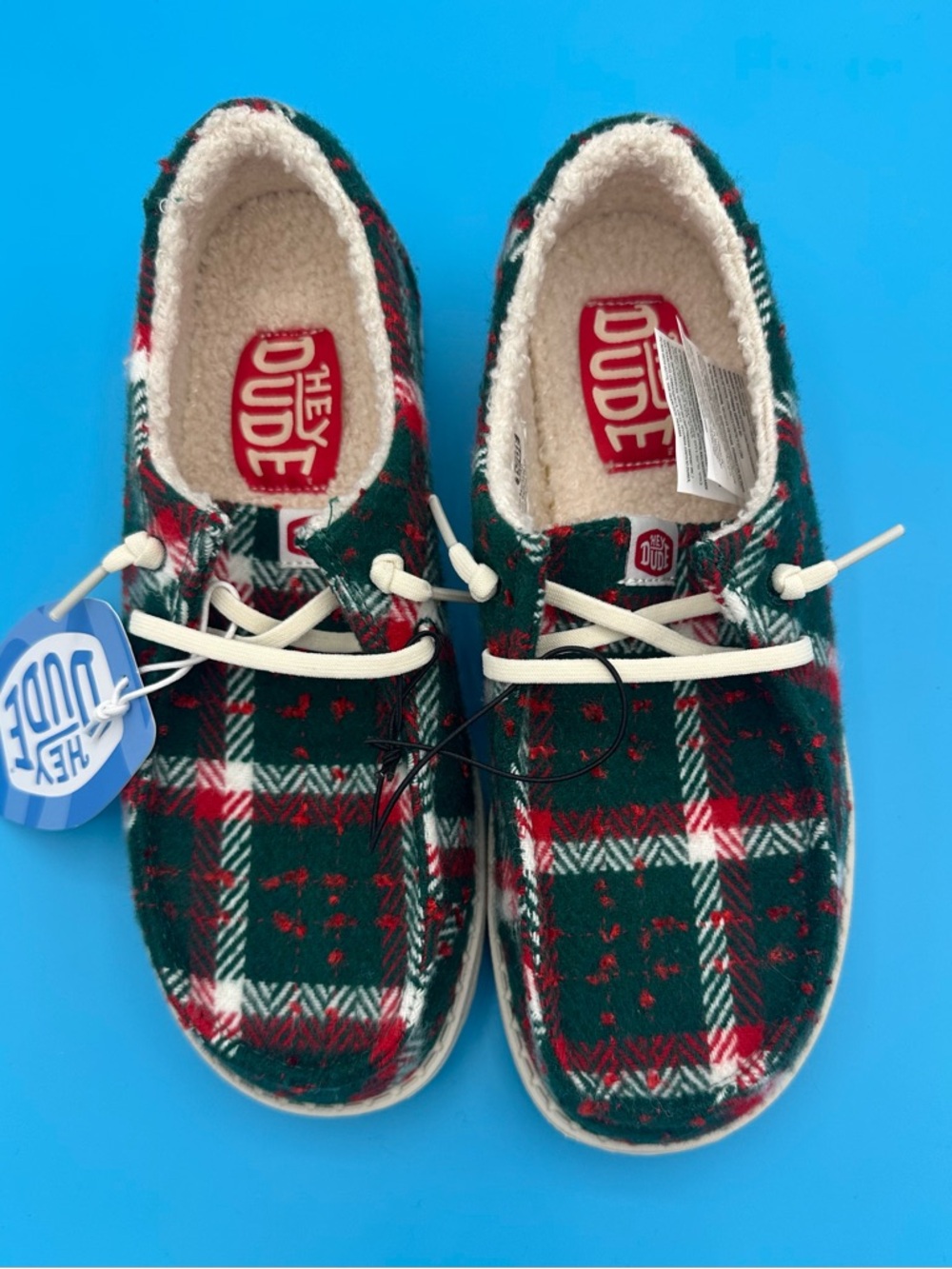 Hey Dude women’s size 6 Green and Red Plaid Cozy Slip-Ons m